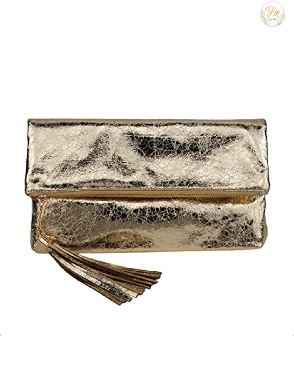 Cracked Metallic Fabric Foldover Clutch with Tassel & Chain Strap